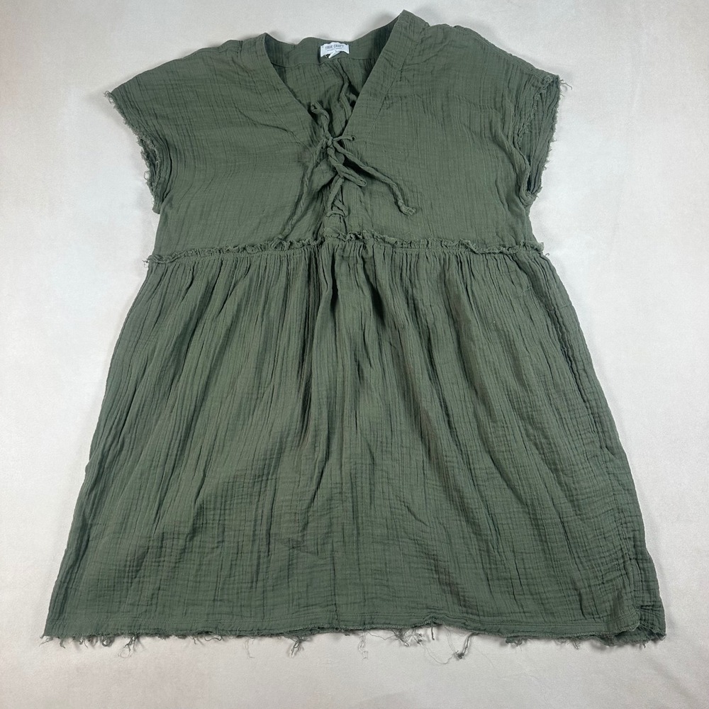 True Craft XL Olive Green Babydoll Tunic Top Lace Up V Neck Boho Raw Edge